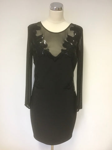 BRAND NEW LIPSY BLACK MESH & SEQUINNED TRIM LONG SLEEVE OCCASION DRESS SIZE 14