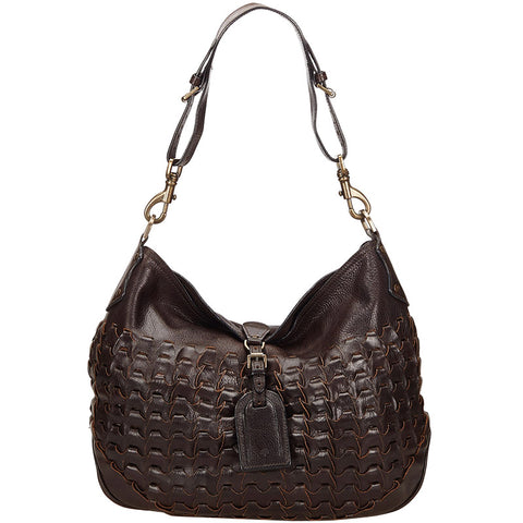 MULBERRY DARK BROWN LEATHER JULIE RIO WOVEN BODY SHOULDER BAG