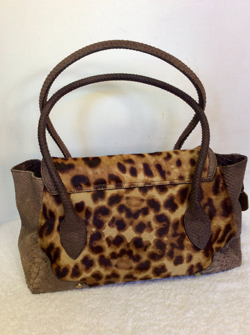 TOSCA BLU BROWN LEATHER SNAKESKIN & LEOPARD PRINT PONYSKIN SHOULDER BAG