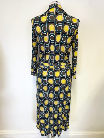 HOBBS BROWN,MUSTARD & GREEN PRINT TIE WAIST 3/4 SLEEVED TEA DRESS SIZE 14