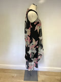 COAST BLACK STRETCH PENCIL DRESS WITH FLORAL PRINT ASYMMETRIC OVERLAY SIZE 12