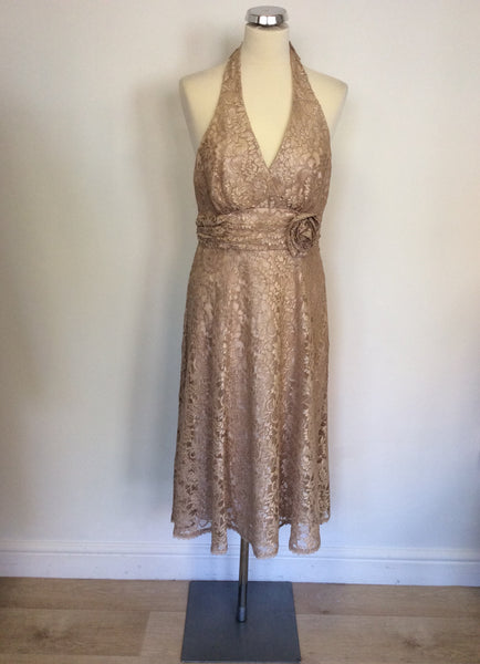 BRAND NEW DEBUT OYSTER BEIGE / NUDE LACE HALTERNECK MARILYN DRESS SIZE 12