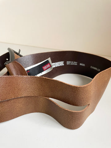 DIESEL CAMILLY BROWN LEATHER SPLIT SIDE TWIN BUCKLE FASTEN BELT SIZE 90CM / UK L