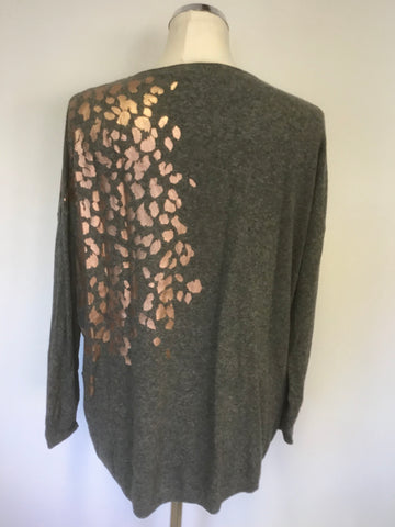 MINT VELVET GREY & GOLD PRINT V NECK LONG SLEEVE JUMPER SIZE M