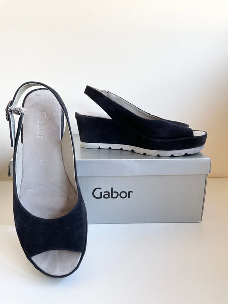 GABOR BLAIZE DARK BLUE SUEDE PEEPTOE WEDGE HEEL SANDALS SIZE 5/38