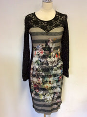 ARIANA BLACK & MULTI COLOURED FLORAL & LACE SLEEVE PENCIL DRESS SIZE 40 UK 12