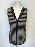 MARCCAIN KHAKI & BLACK STRIPE SLEEVELESS TOP & MATCHING ZIP UP JACKET SET SIZE N4 UK 14