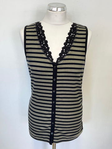 MARCCAIN KHAKI & BLACK STRIPE SLEEVELESS TOP & MATCHING ZIP UP JACKET SET SIZE N4 UK 14