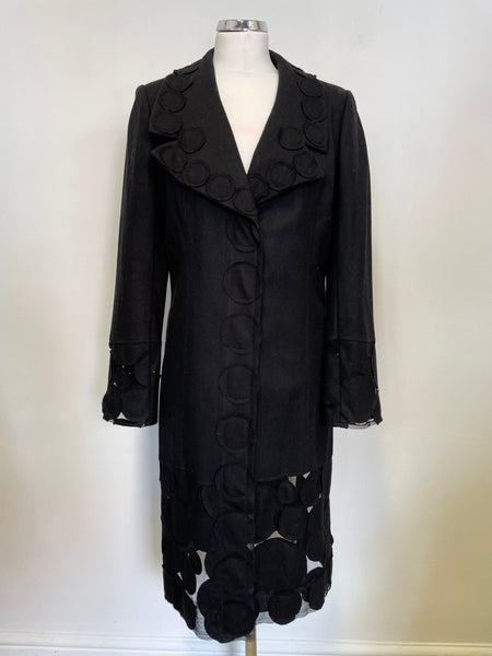 PER UNA BLACK WOOL BLEND FITTED APPLIQUE MESH HEMLINE DETAILED COAT SIZE 10