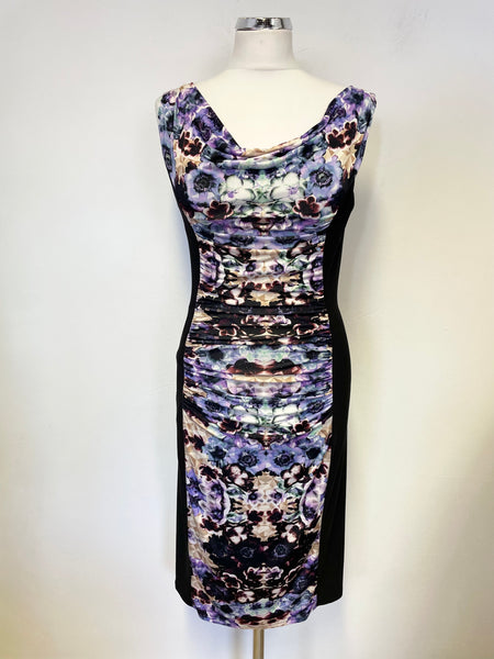 PHASE EIGHT BLACK & MULTI COLOURED FLORAL PANELLED STRETCH JERSEY PENCIL DRESS SIZE 10