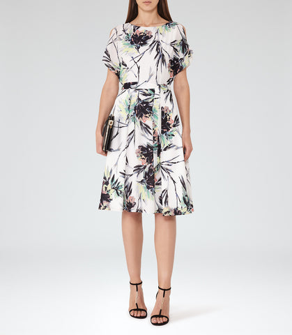 REISS NAOMI MULTI COLOURED PRINT COLD SHOULDER TIE BELT OCCASION  DRESS SIZE 14