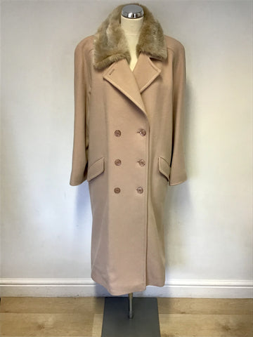 JACQUES VERT NATURAL BLUSH DETACHABLE FUR COLLAR WOOL & CASHMERE COAT SIZE 16