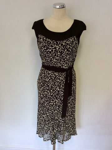 HOBBS BROWN & CREAM PRINT TIE BELT DRESS SIZE 10