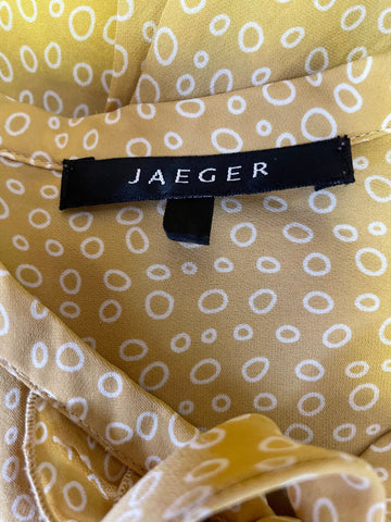 JAEGER 100% SILK MUSTARD PRINT FRILLED FRONT BLOUSE SIZE 8