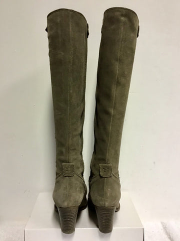 LIGHT BROWN SUEDE KNEE LENGTH HEELED BOOTS SIZE 5/38