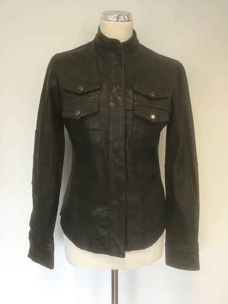 RELIGION DARK BROWN LEATHER FITTED COLLARLESS JACKET SIZE S