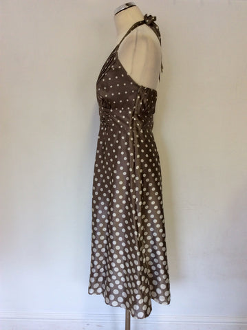 MONSOON MINK & WHITE SPOT SILK HALTERNECK DRESS SIZE 10