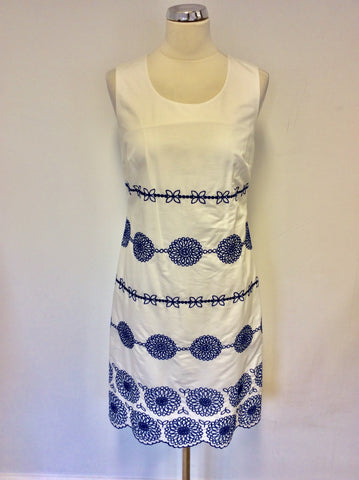 BODEN WHITE & BLUE EMBROIDERED COTTON DRESS SIZE 10L