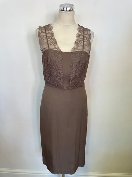 LK BENNETT BROWN SILK LACE STRAPS & BODICE PENCIL DRESS SIZE 10