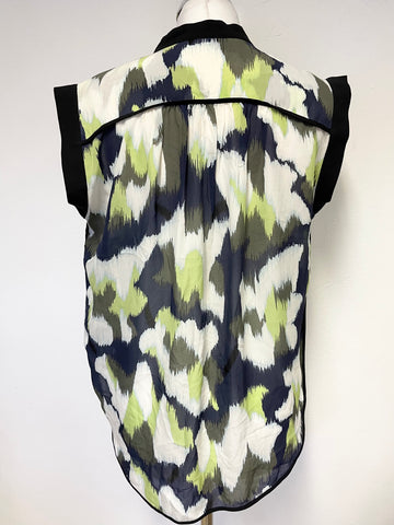 WHISTLES BLUE,IVORY & GREEN PRINT SLEEVELESS 100% SILK TOP SIZE 8