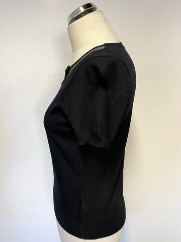 JESIRE BLACK MESH TOP WITH BOW TRIM SHORT SLEEVE FINE KNIT TOP SIZE S