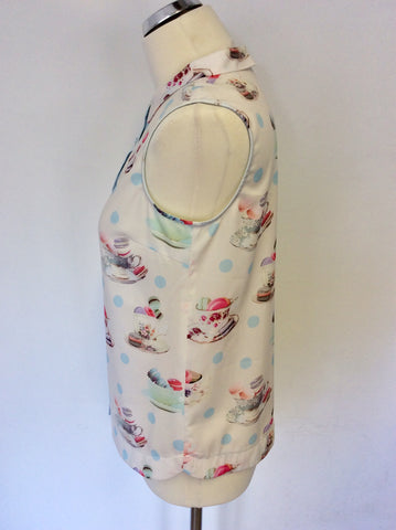 YANI WHITE & MULTI COLOURED TEAPOT & MACAROON PRINT SLEEVELESS BLOUSE SIZE 8