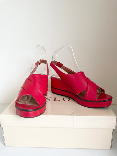BRAND NEW KINLOCH LAPIN RED LEATHER SLINGBACK WEDGE HEEL SANDALS SIZE 5/38