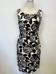 LK BENNETT BLACK & CREAM FLORAL PRINT SLEEVELESS PENCIL DRESS SIZE 12