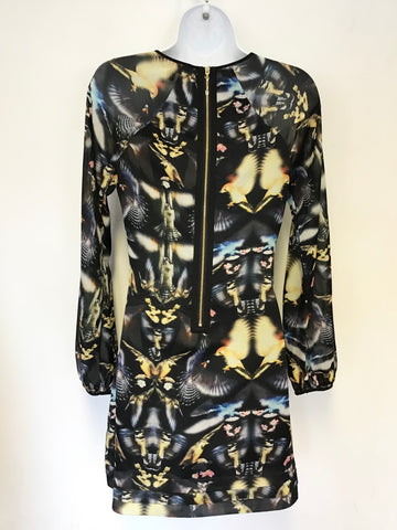 TED BAKER BLACK & MULTICOLOURED BIRD PRINT LONG SLEEVE SHIFT DRESS SIZE 1 UK 8/10