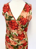 ISABEL DE PEDRO RED & PINK ROSE PRINT SLEEVELESS STRETCH PENCIL DRESS SIZE 12