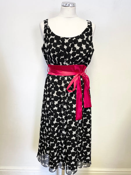 HOBBS BLACK & IVORY SPOT & RED SASH BELT SLEEVELESS SILK FIT & FLARE DRESS SIZE 12