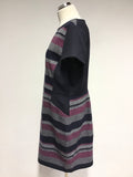 HOBBS NW3 NAVY BLUE,PINK & GREY MARL STRIPE WOOL BLEND SHIFT DRESS SIZE 16
