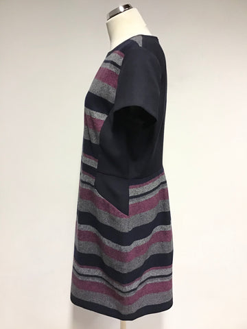 HOBBS NW3 NAVY BLUE,PINK & GREY MARL STRIPE WOOL BLEND SHIFT DRESS SIZE 16