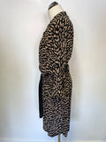 FARHI BY NICOLE FARHI BLACK & CAMEL PRINT SILK TIE WAIST 3/4 SLEEVE DRESS SIZE 16