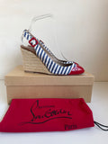 CHRISTIAN LOUBOUTIN BLUE & WHITE CANVAS STRIPE WITH RED TRIM WEDGE HEELS SIZE 5/38