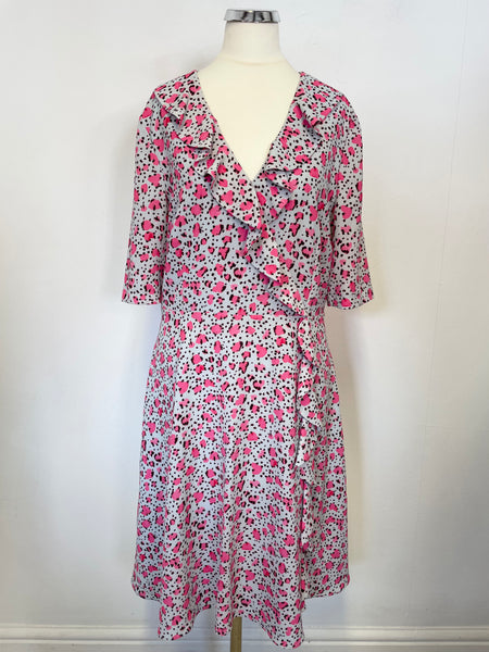 FENN WRIGHT MANSON PALE GREY & PINK PRINT SHORT SLEEVE DRESS SIZE 12