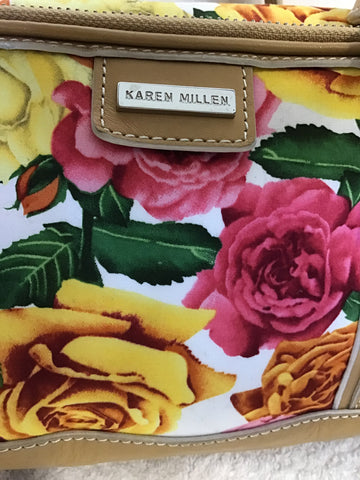KAREN MILLEN FLORAL ROSE PRINT COTTON & TAN LEATHER TRIM HAND BAG