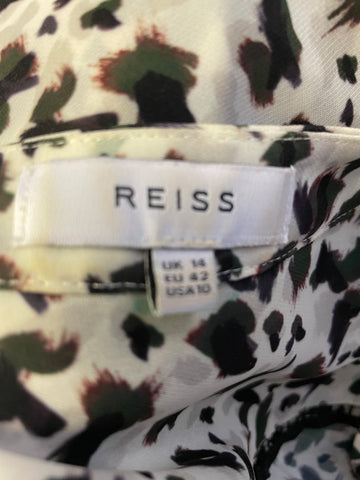 REISS BELVA IVORY GREEN, BLACK PRINT V NECK LONG SLEEVED BLOUSE SIZE 14