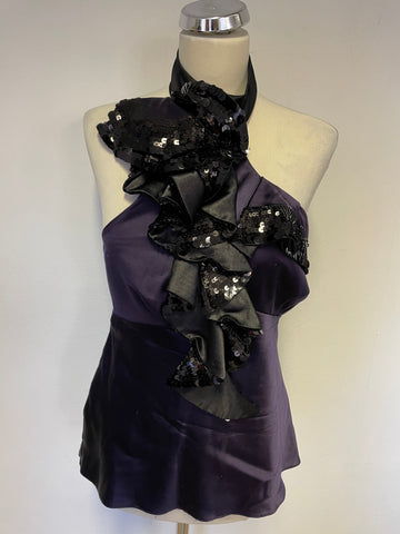 Karen Millen Aubergine Silk & Black Sequin Frill Trim Halterneck Top Size 14