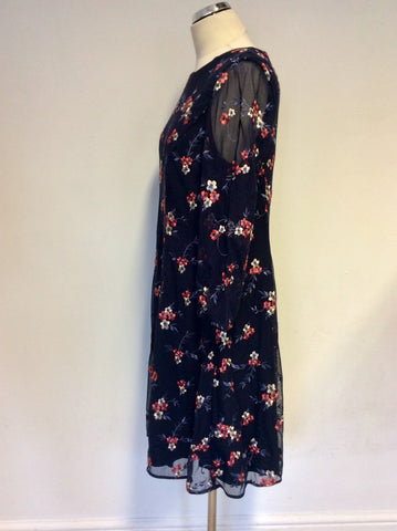 MONSOON NAVY BLUE EMBROIDERED FLORAL PRINT 3/4 SLEEVE DRESS SIZE 16