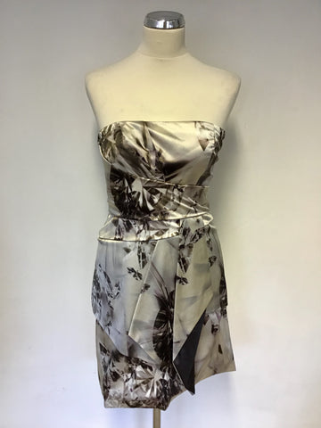 KAREN MILLEN BEIGE & BROWN JEWEL PRINT SILK STRAPLESS DRESS SIZE 10