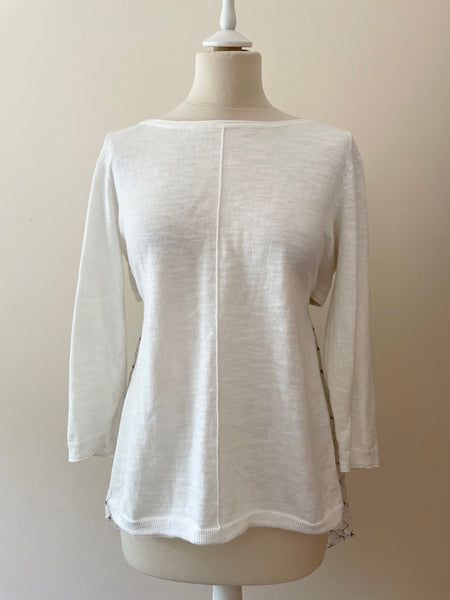 MINT VELVET WHITE FINE KNIT 3/4 SLEEVE TOP WITH SEMI SHEER GREY PRINT REAR SIZE 12