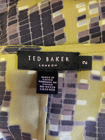 TED BAKER GREEN PRINT SILK CAP SLEEVED PENCIL DRESS SIZE 2 UK 10