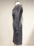 GHOST GREY & PINK PATTERNED LONG SLEEVED STRETCH PENCIL DRESS SIZE 8