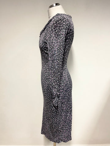 GHOST GREY & PINK PATTERNED LONG SLEEVED STRETCH PENCIL DRESS SIZE 8