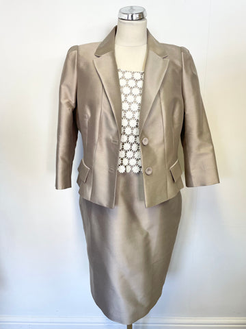 HOBBS INVITATION OYSTER BEIGE WITH WHITE CROCHET LACE TRIM PENCIL DRESS & JACKET SUIT SIZE 14
