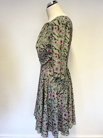 ERDEM GREEN,GREY & PINK FLORAL PRINT SILK HALF SLEEVE FIT & FLARE DRESS SIZE 12
