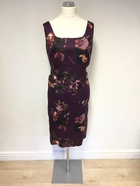 LAURA ASHLEY PURPLE FLORAL PRINT SLEEVELESS BELTED PENCIL DRESS SIZE 18