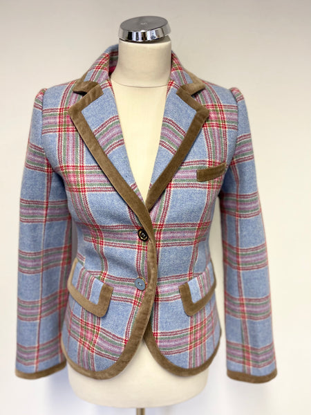 JOULES LIGHT BLUE & RED CHECK 100% WOOL JACKET SIZE 8