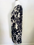 BODEN BLUE,BLACK & WHITE LEAF PRINT 3/4 SLEEVE SHIFT DRESS SIZE 12R